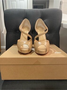 Christian Louboutin Nude/Tan Leather Peep-Toe Platform Heels